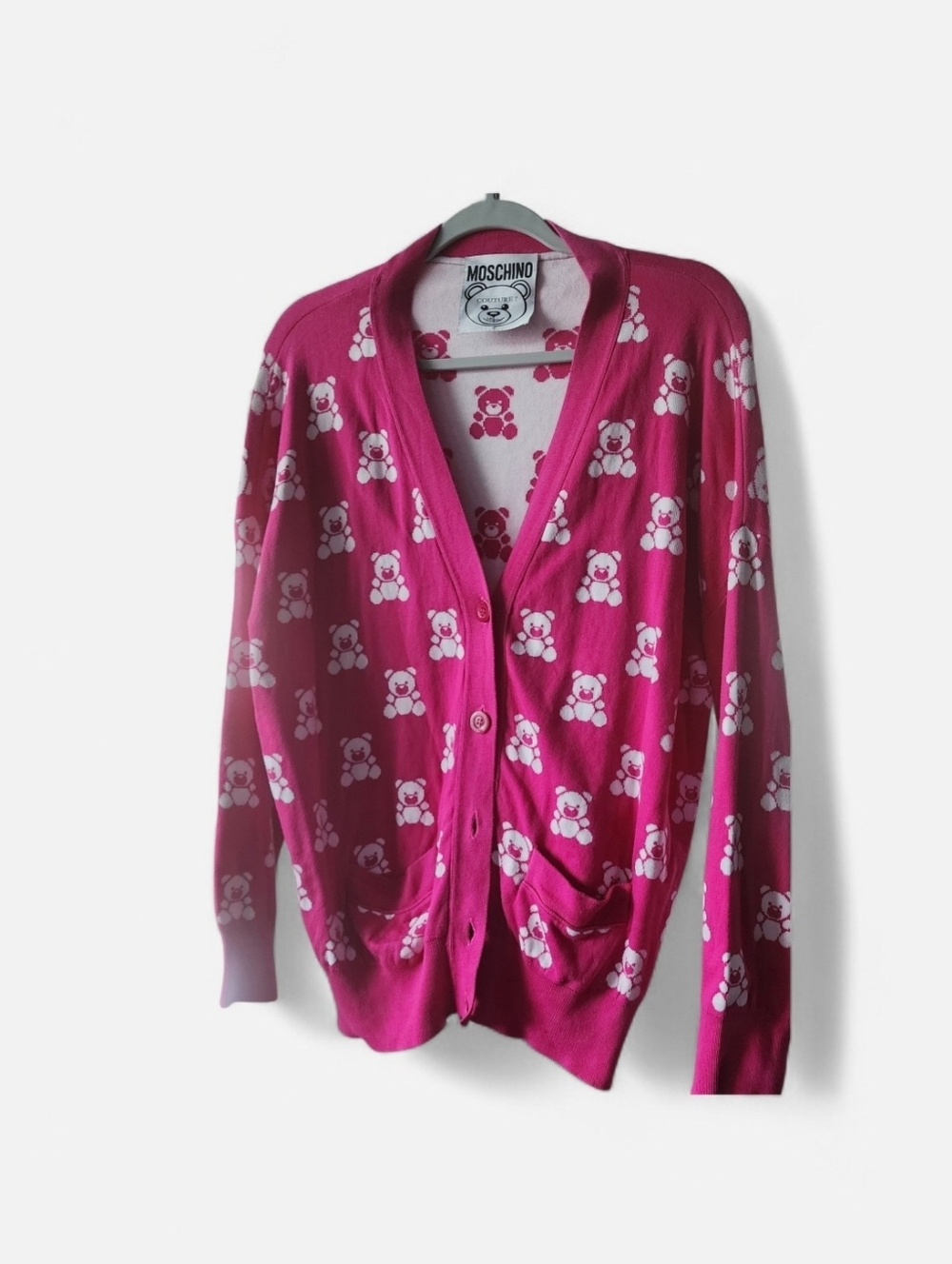 Moschino Fuchsia Teddy Bear Print Cardigan Sz M-L
